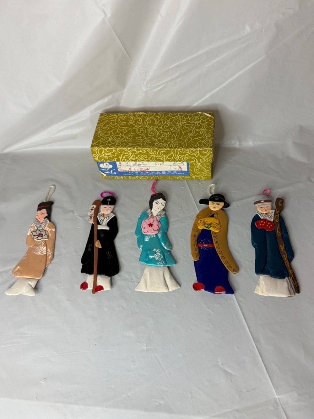 Lillian Vernon Hand Painted Silk Chinese People Ornaments Boxed Set of 5